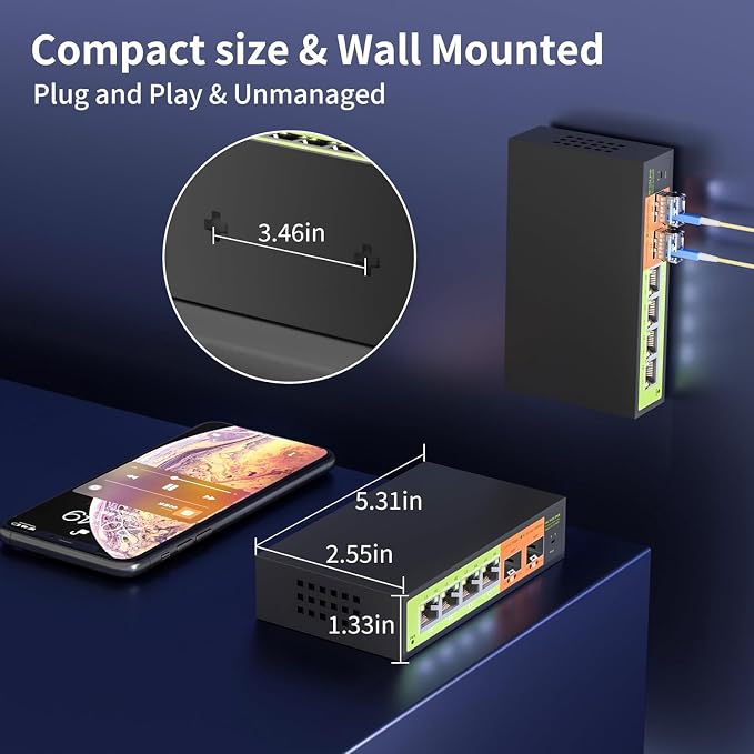 6 Port 2.5G Unmanaged Switch, 4×2.5G RJ45 + 2×10G SFP+, Fanless Metal, - Image 5