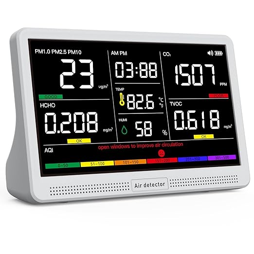 16 in 1 Air Quality Monitor Indoor 7" Large Display 9 AQI+7 Alerts, CO2 Monitor by YNAK