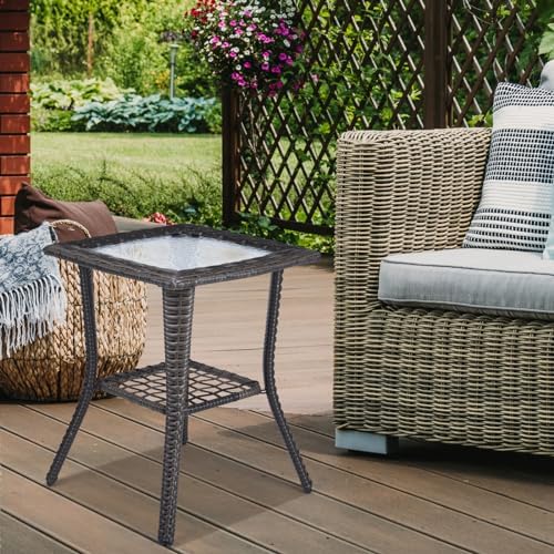 VINGLI Outdoor Side Table with Storage Wicker Patio Side Table, Tempered Glass - Image 6