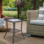 VINGLI Outdoor Side Table with Storage Wicker Patio Side Table, Tempered Glass - Image 6