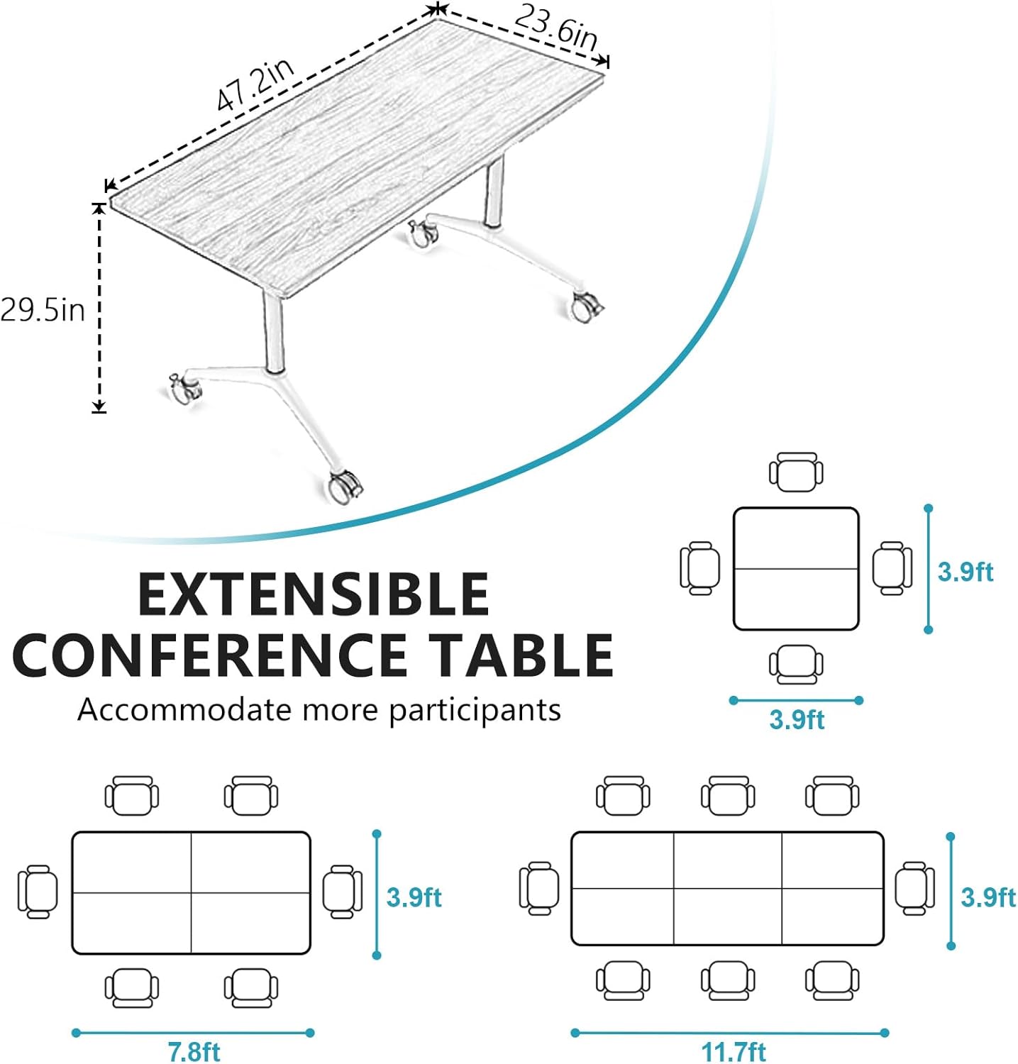 Conference Room Table, Folding Conference Tables,Thicken Grey Tabletop,Flip Top Wooden Seminar Meeting Room Table for Conference Room Offices (8, Black Drawer, 47.2“)