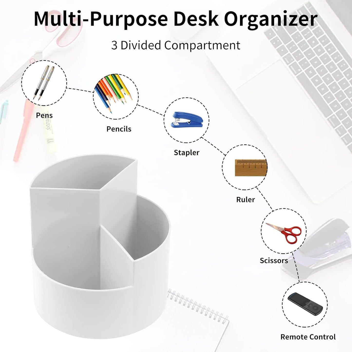 Desk Pencil Pen Holder, 3 Slots 360-Degree Spinning Organizers, Desktop Storage Stationery Supplies, Cute Cup Pot for Office, School, Art Supply, Kids - Gray