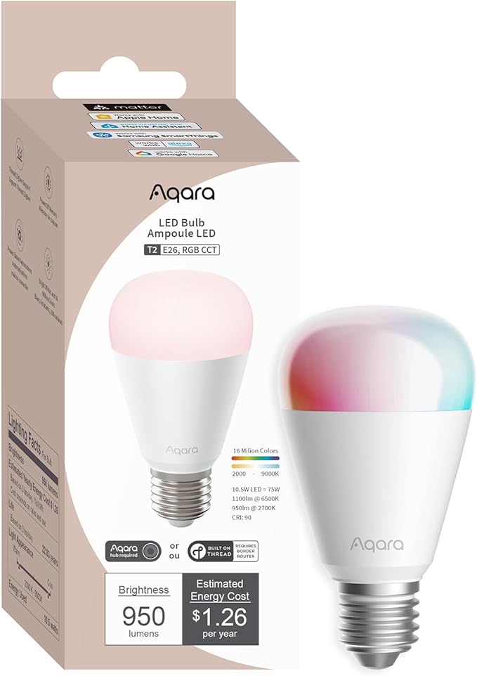 Aqara Thread/Zigbee Smart LED Light Bulb T2 E26, Tunable White, RGB Color by Aqara