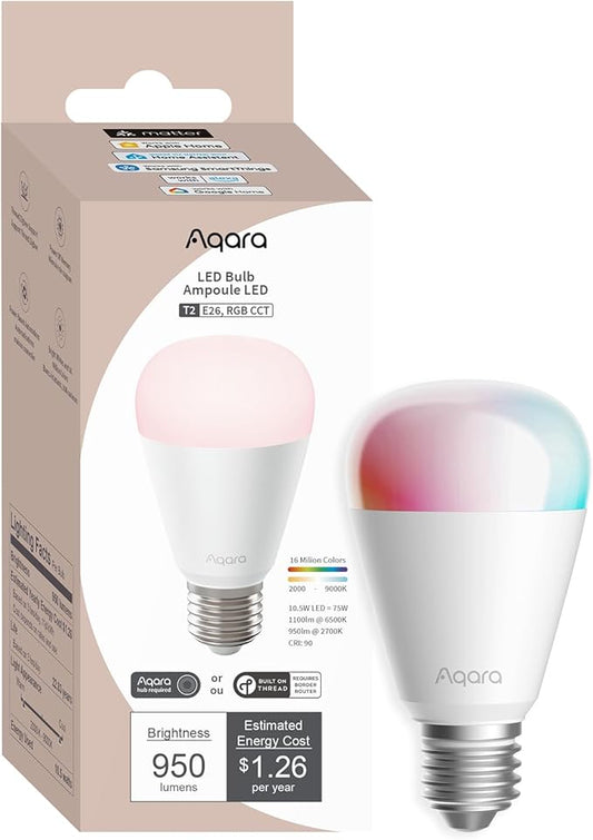Aqara Thread/Zigbee Smart LED Light Bulb T2 E26, Tunable White, RGB Color by Aqara