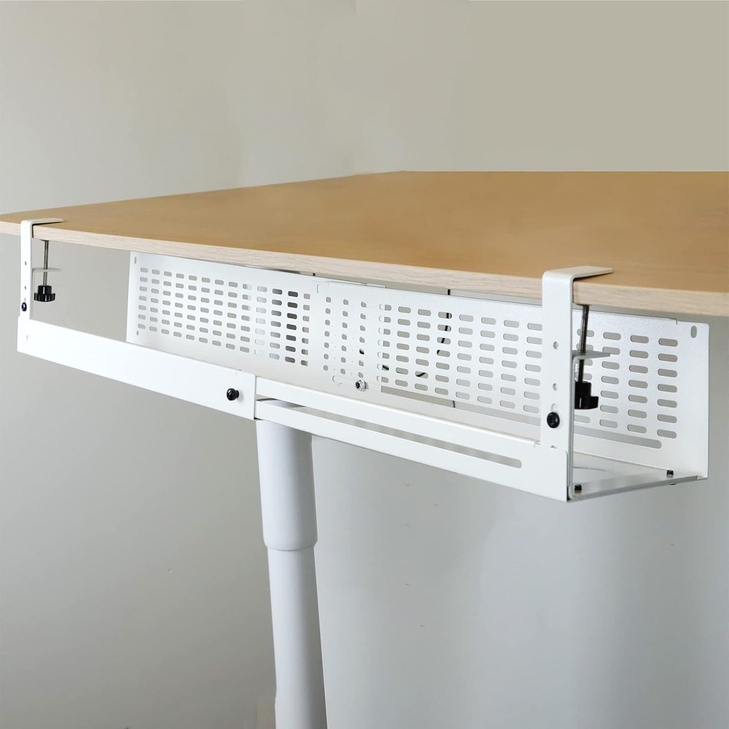 AEONS Under Desk Cable Management Tray Kit - Horizontal Adjustable up tp 41” Desk Organizer Removable C Clamp Mount Reversiable Computer Cord Raceway and Modesty Panel for Large Desk, White/Beige