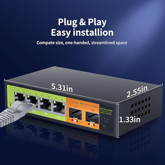 6 Port 2.5G Unmanaged Switch, 4×2.5G RJ45 + 2×10G SFP+, Fanless Metal, - Image 6