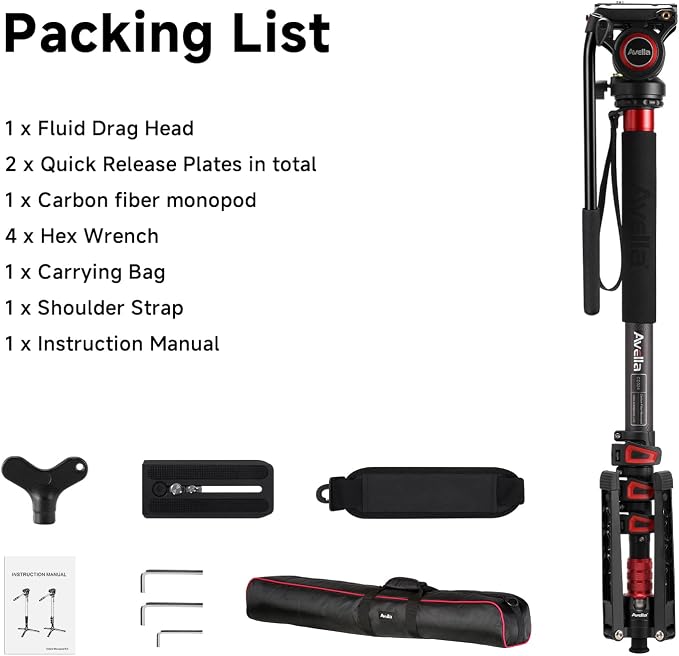 Avella CD324 Carbon Fiber Video Monopod Kit, - Image 9