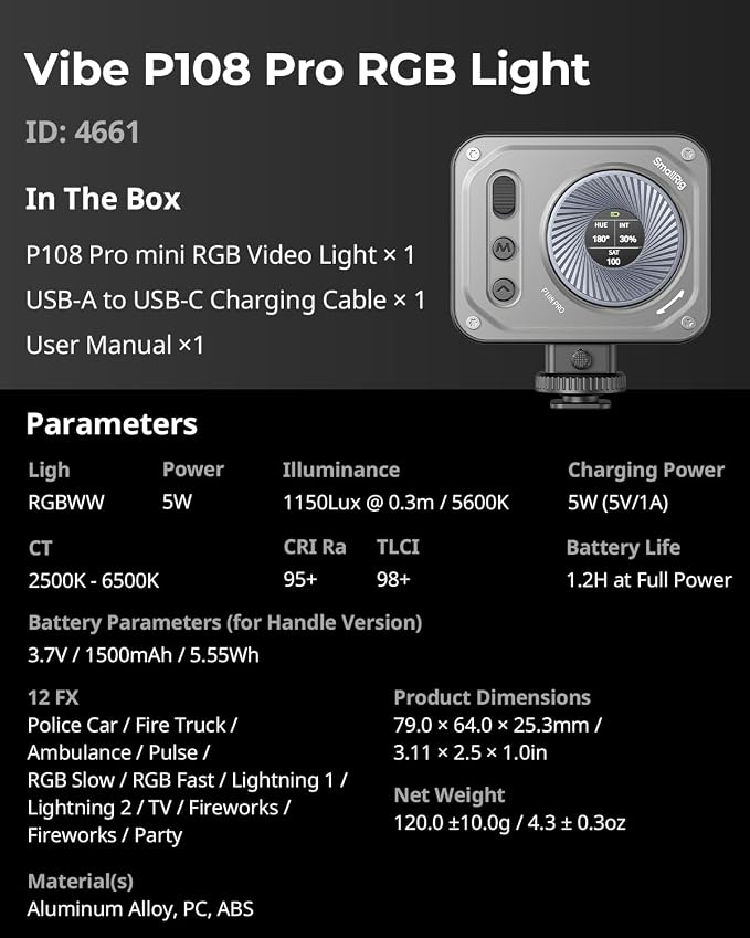 SMALLRIG Vibe P108 Pro RGB Video Light, Portable Led Camera Light - Image 9