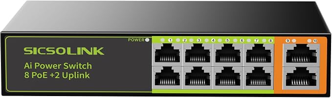 8 Port PoE+ Switch 120W 30W/Port, 2 Uplink Ports, 250M Transmission, AI Smart by SICSOLINK