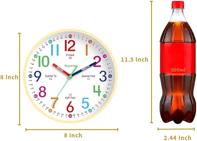 Roymnie Wall Clock 8 Inch for Kids Learning to Tell Time Easily Non Ticking - Image 2