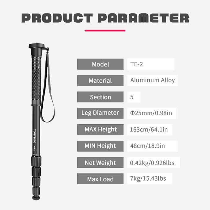 TONYBOO 65” Aluminum Camera Monopod, Lightweight & Portable, 5-Section Travel - Image 9