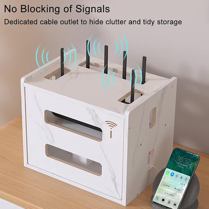 Wooden Router Shelf, Desktop WiFi Router Storage Box Modem Rack Cover Power - Image 3
