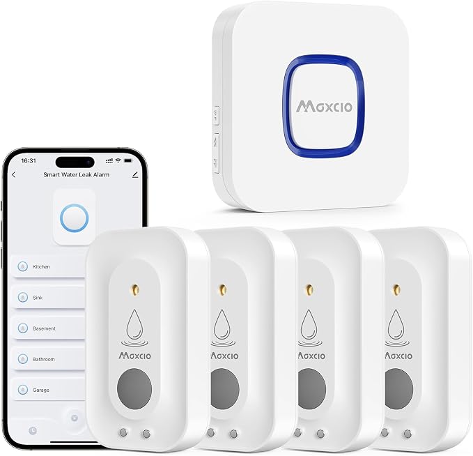 MAXCIO Wi-Fi Water Leak Detector 4 Pack, Smart Water Wireless Sensor by YourSmartLifeBeginsNow