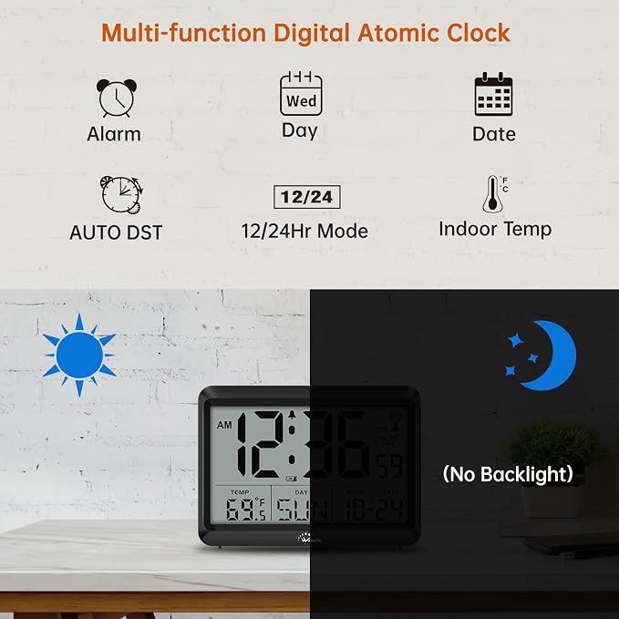 WallarGe Atomic Digital Wall Clock Battery Operated, Self-Setting, Large Display - Image 3
