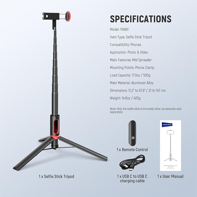 NEEWER Basics PA991 Selfie Stick Tripod Compatible - Image 8