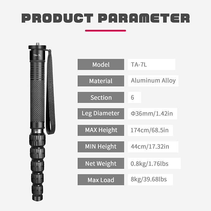 TONYBOO 68.5” Aluminum Camera Monopod, Lightweight & Portable, 5-Section Travel - Image 7