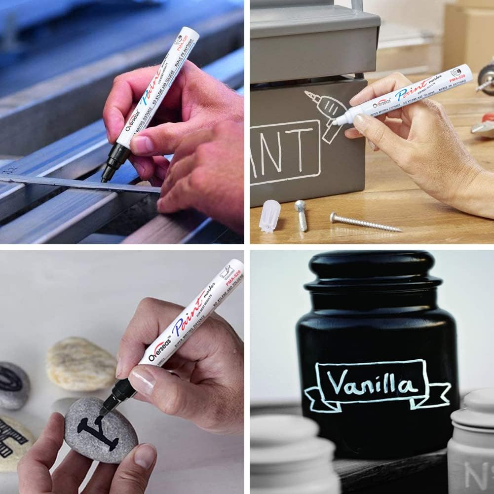Overseas White and Black Paint Pens, 12 Pack Oil Based Permanent Markers - Medium Tip, Quick Dry and Waterproof Paint Markers for Rock, Wood, Metal, Plastic, Canvas, Glass, Ceramics, Rubber