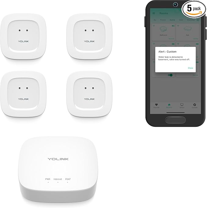 YoLink Smart Home Leak Detection Starter Kit – Hub + 4 Water Leak Sensors by YoLink