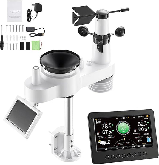 VEVOR 7-in-1 Wi-Fi Weather Station, 7-Inch TFT Display, Wireless Solar Powered by VEVOR