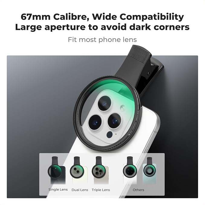 K&F CONCEPT 67mm Clip-on Black Diffusion 1/8 Phone Camera Lens Filter Kit - Image 2