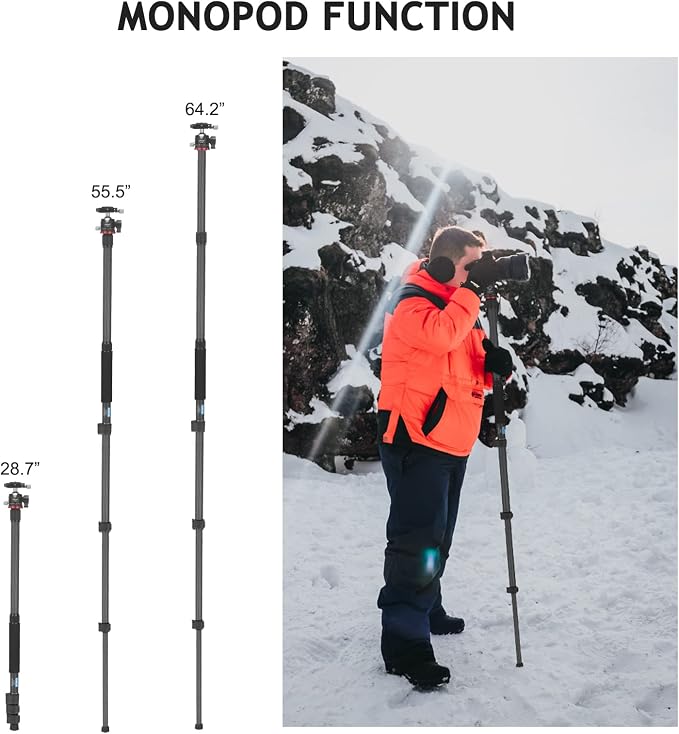 CAVIX 62" Professional Carbon Fiber Camera Tripod, Tripod & Monopod 2 in 1 - Image 7