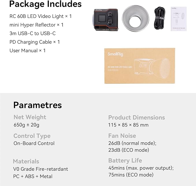 SmallRig RC 60B COB Video Light, 49Wh Battery 45min Runtime, 63W 11200lux CRI - Image 8