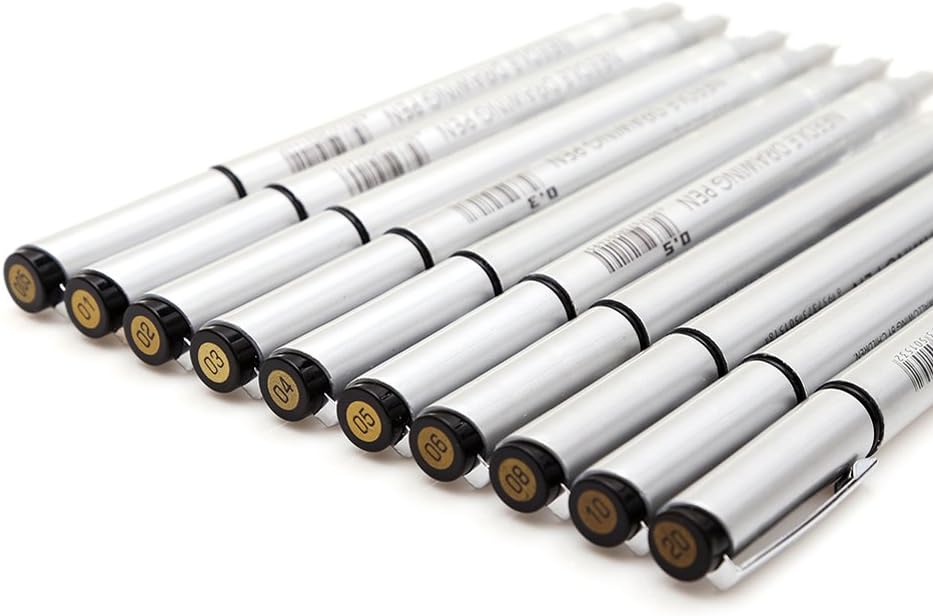 Set of 10 Black Micro-Pen Fineliner Ink Pens, Anti-Bleed & Waterproof Archival ink,Brush & Calligraphy Tip Nibs - Artist Illustration, Office Documents, Scrapbooking, Technical Drawing