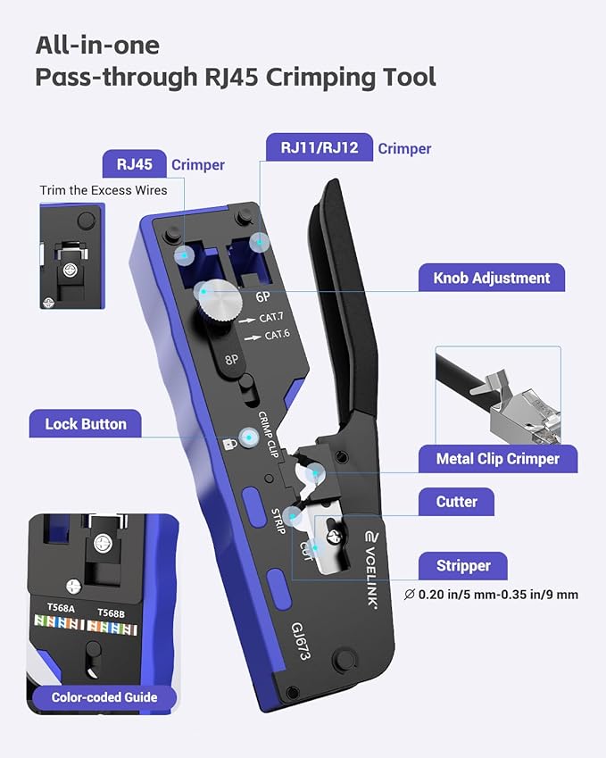 VCELINK RJ45 Crimp Tool Kit for CAT7/6A/6/5E/5, Upgraded Network Tool Set - Image 4