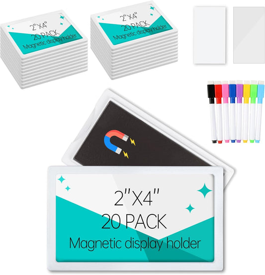 20Pcs 2x4 inch Magnetic Plastic Label Holder for Supermarket Store Price Tag, Metal Shelf File Storage Cabinet Drawer Label Tag Resuable with 8 Color Chalk Makers, 20Pcs White Paper (White)