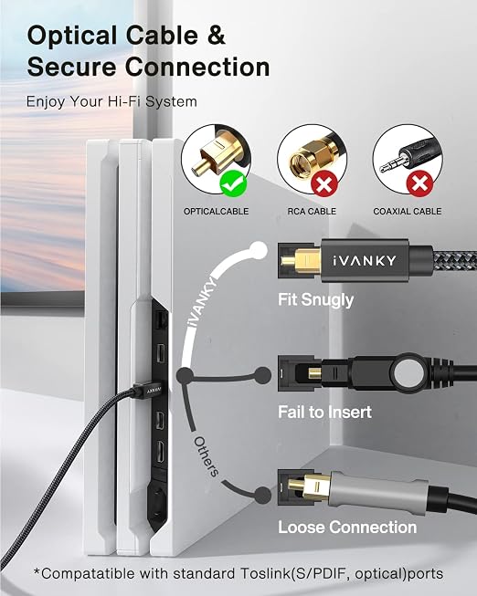 IVANKY Optical Audio Cable 10ft/3M, Nylon Braided, 24K Gold-Plated, Slim Metal - Image 3