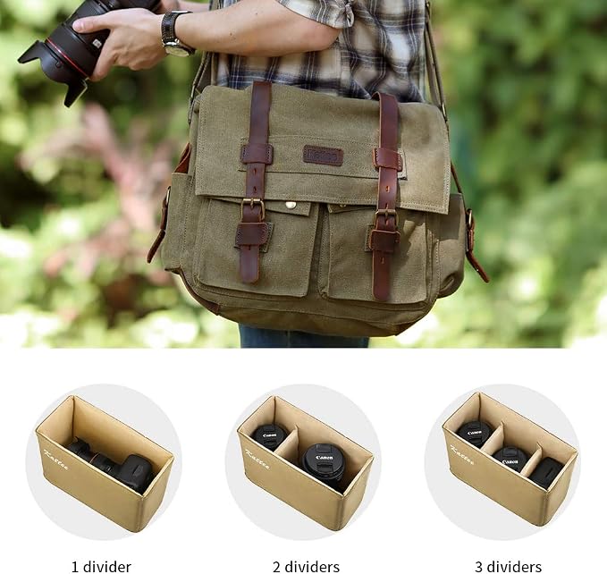 Kattee Leather Canvas Camera Bag Vintage DSLR SLR Messenger Shoulder Bag - Image 5