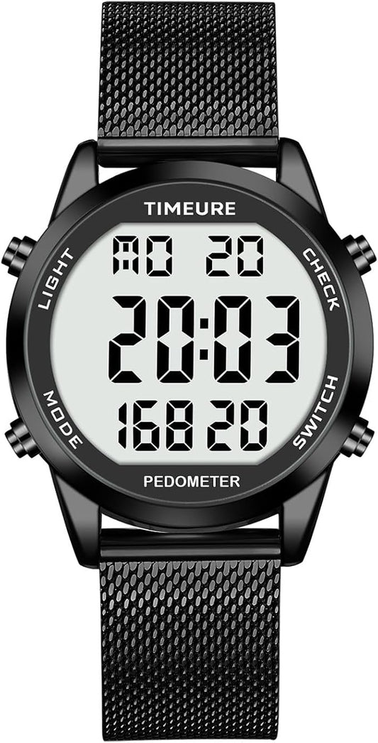 Men's Pedometer Watch with Stainless Steel Bracelet, Step Counter Watch No App by TIMEURE