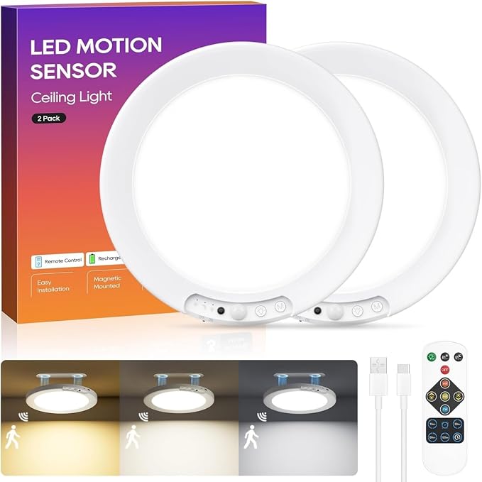 2 Pack Rechargeable Motion Sensor Ceiling Light, 8000mAh Battery Operated by DiDiskyCabinetLights