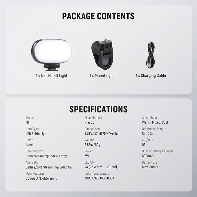 NEEWER Basics Portable Selfie Light, 3W Clip on Phone Small LED Cold Shoe - Image 8