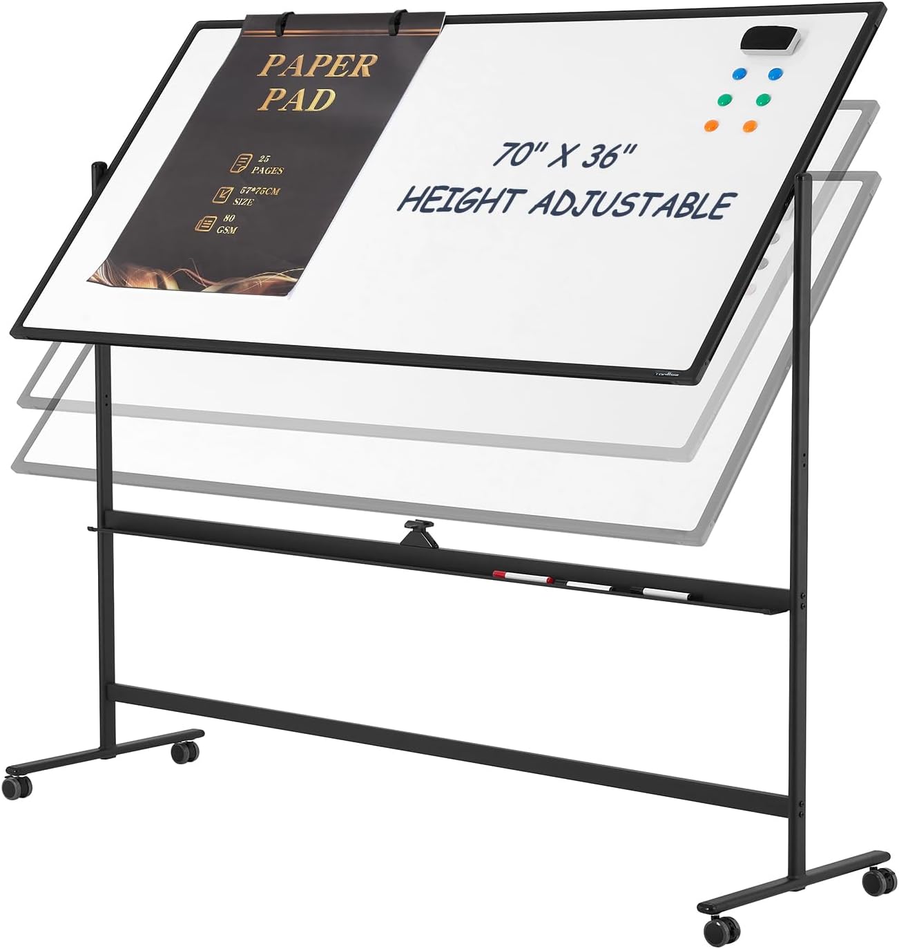 Dry Erase Whiteboard Easel on Wheels - TANKEE 70" x 36" Large Double Sided Mobile Whiteboard, Reversible Magnetic Rolling White Board for Home Office Classroom, Flip Chart Holders and Paper Pad