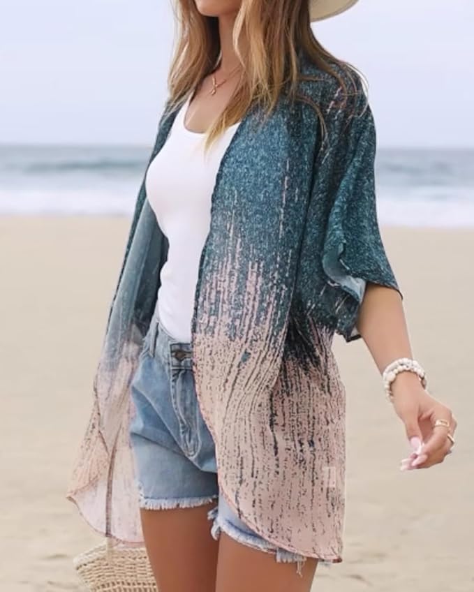 Women's Floral Print Puff Sleeve Kimono Cardigan Loose Cover Up Casual Blouse - Image 5