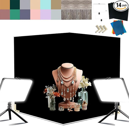 Photo Backdrop Board with 2 LED Lighting Shooting Kit, Anti-Glare Black Flocked by JEINHAIO