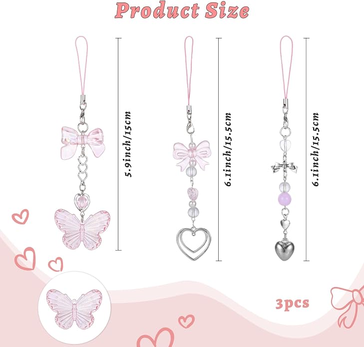 Pink Beaded Phone Wrist Straps, Y2K Phone Case Charms Camera Charm Strap - Image 5