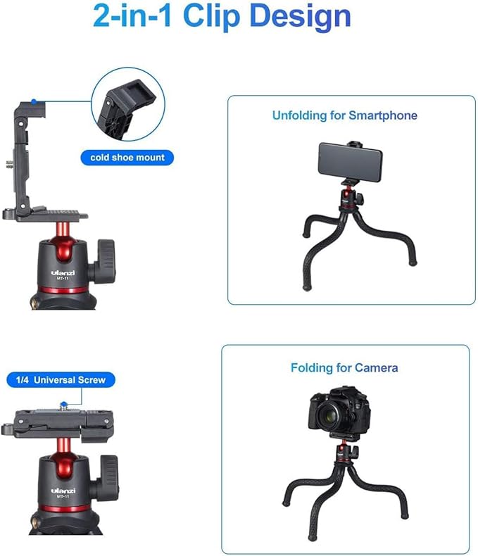 ULANZI Camera Tripod, Mini Flexible Stand w Hidden Phone Holder w Cold Shoe - Image 2