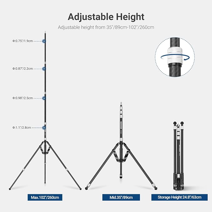 NEEWER Carbon Fiber Tripod Stand w Reversible Legs, 6.6lb/3kg Max Load - Image 2