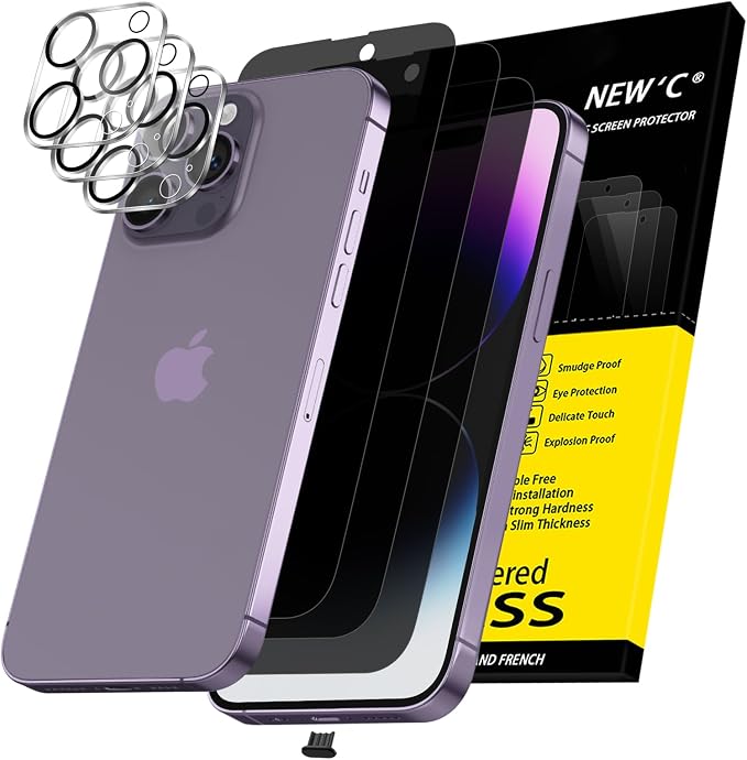 NEW'C 3x Privacy for iPhone 14 Pro Screen Protector+ 3x Camera Lens Protector by NEWC
