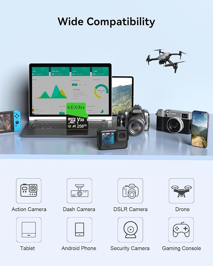 KEXIN 256GB Micro SD Card with SD Adapter microSDXC Memory Card UHS-I A1 V30 U3 - Image 5