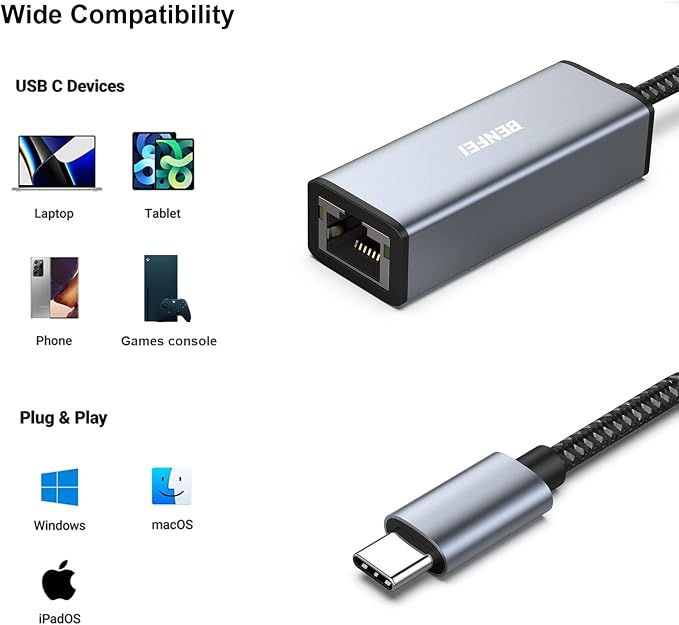 BENFEI 2 Pack USB-C to Ethernet Adapter, USB Type-C to RJ45 Gigabit Ethernet - Image 4