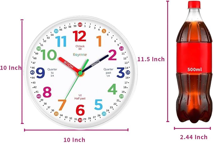 Roymnie Wall Clock 10 Inch for Kids Learning Kids Teaching Clock Analog Silent - Image 2