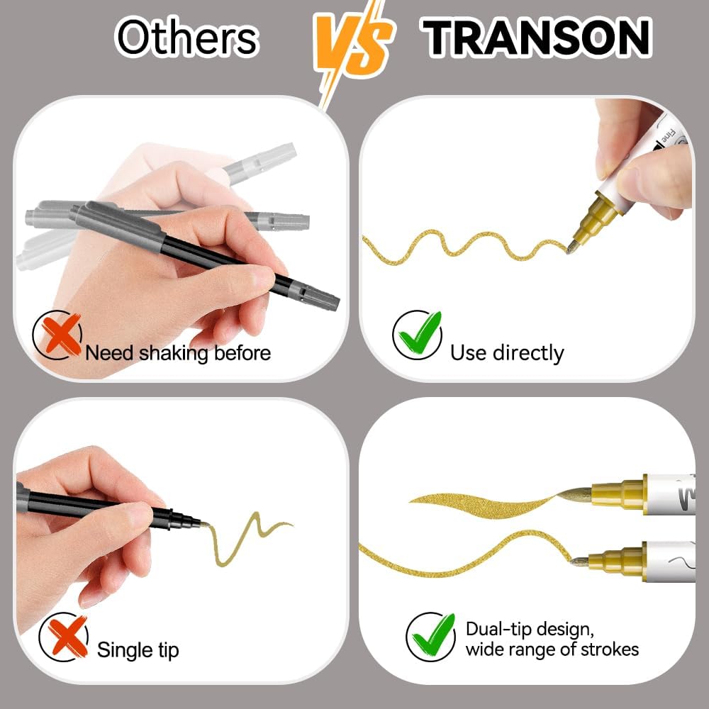 TRANSON 3 Gold, 3 Silver, 1 Black and 1 White Paint Markers Brush and Fine Dual-tip Acrylic Paint Marker Set for Rock Painting Glass Canvas Wood Leather Ceramic Painting