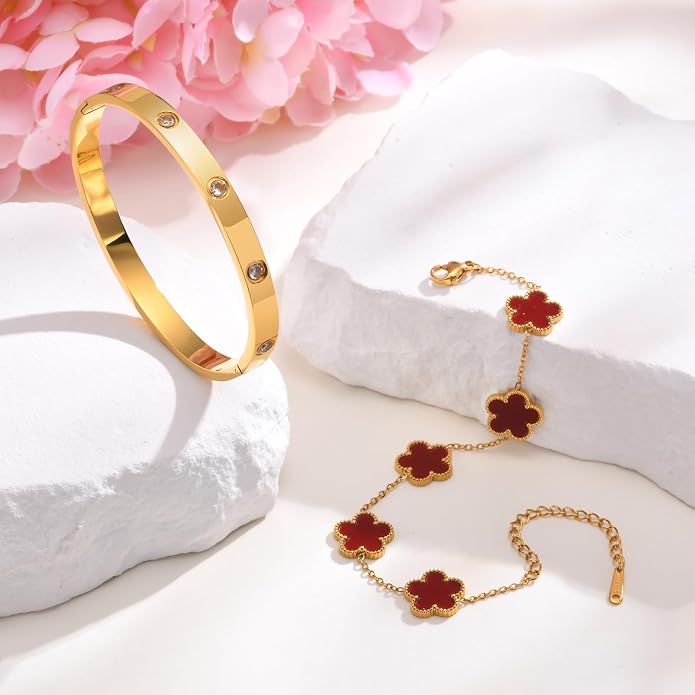 MPRAINBOW Womens Stackable Gold Bracelets Jewelry, 18K Gold Plated Floral - Image 4