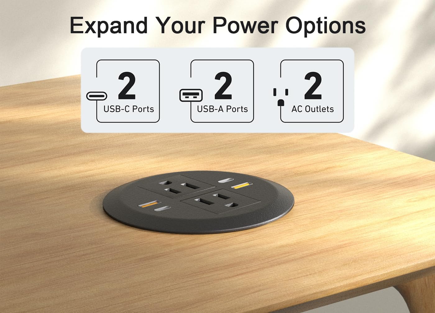 Desktop Power Grommet,Dual PD20W USB C,40W Total Output,4 USB Ports,Flush Mounted for 3-1/8" Desk Grommet Holes,Round Recessed Outlet,ETL-Certified,Flat Plug,6.4 ft,Black
