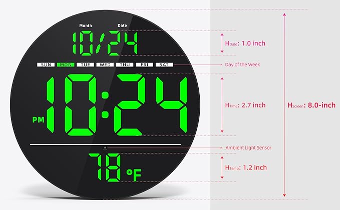 Digital Wall Clock with Large LED Display, Temperature, Auto-Brightness | Small - Image 3