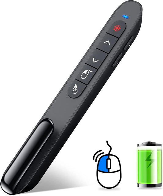 DINOSTRIKE Wireless Presenter Remote with Air Mouse Control, Rechargeable USB Presentation Clicker PPT Pointer RF 2.4GZ PowerPoint Clicker Slide Advancer for Computer Laptop Mac