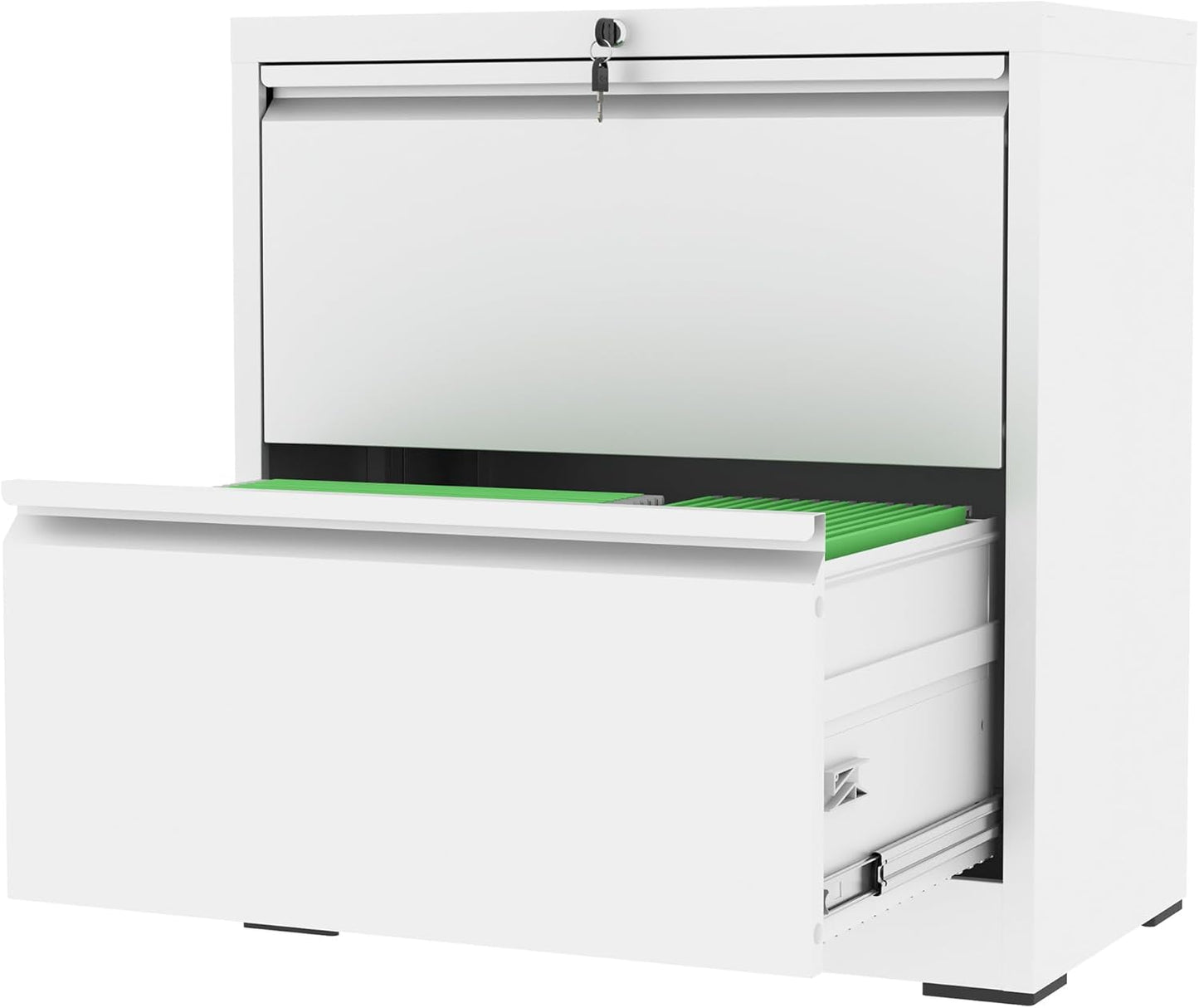 2 Drawer File Cabinet with Lock, White Metal Lateral Filing Cabinets for Home Office, Heavy Duty Steel Horizontal Locking Storage Cabinet for Legal/Letter/A4 Size File, Assembly Required